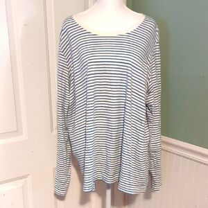 Basic Editions 2X Women's Plus Long Sleeve Blue White Stripes Shirt